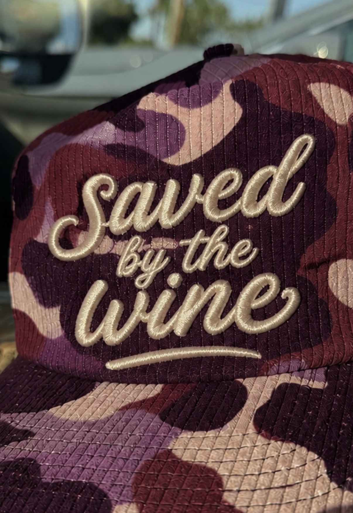 Cream puff embroidery on Merlot corduroy