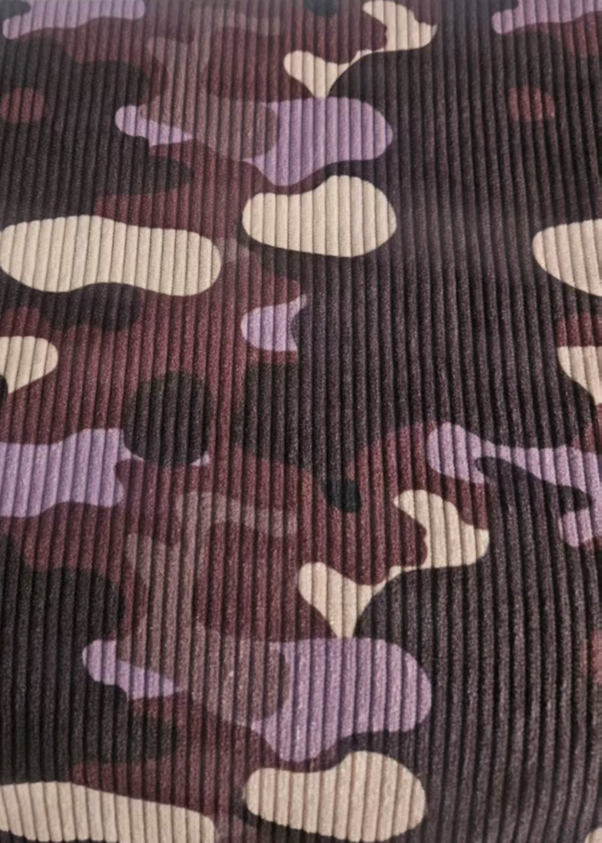 Merlot camouflage printed on wide-wale corduroy